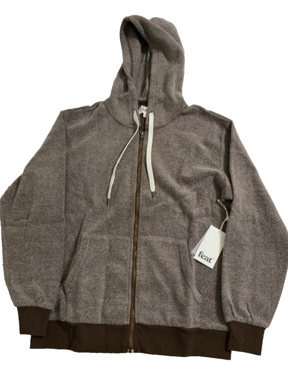 feat. Plush Zip Hoodie in Heather Taupe with Brown Trim with matching pants